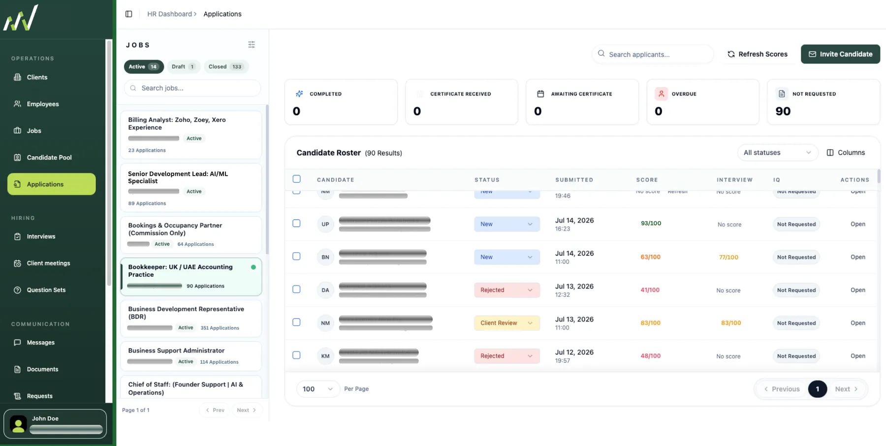 Applications view with a candidate roster of 90 results showing status, submission date, Ai CV score, interview score and IQ status per candidate