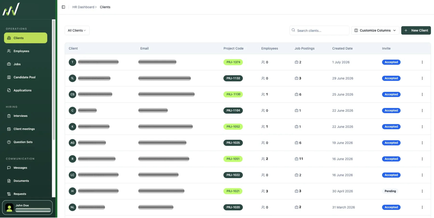 Clients view listing every client with project codes, employees, job postings and invitation status