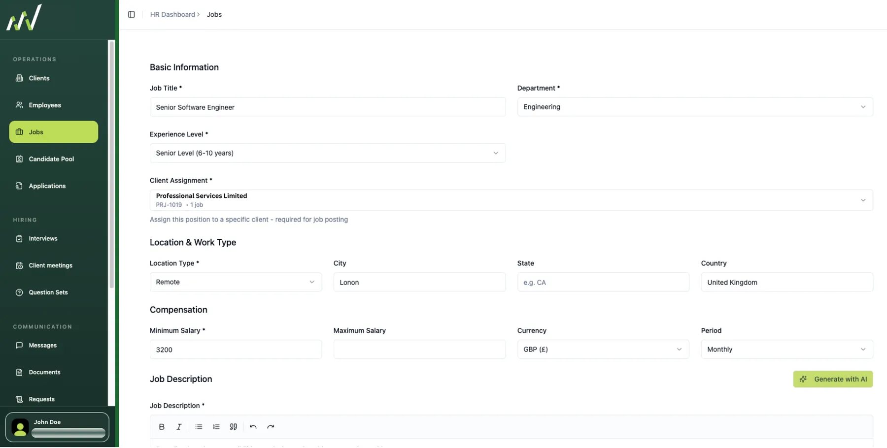 New job form in GrowTalent with title, client assignment, location, compensation and a generate-with-Ai job description button