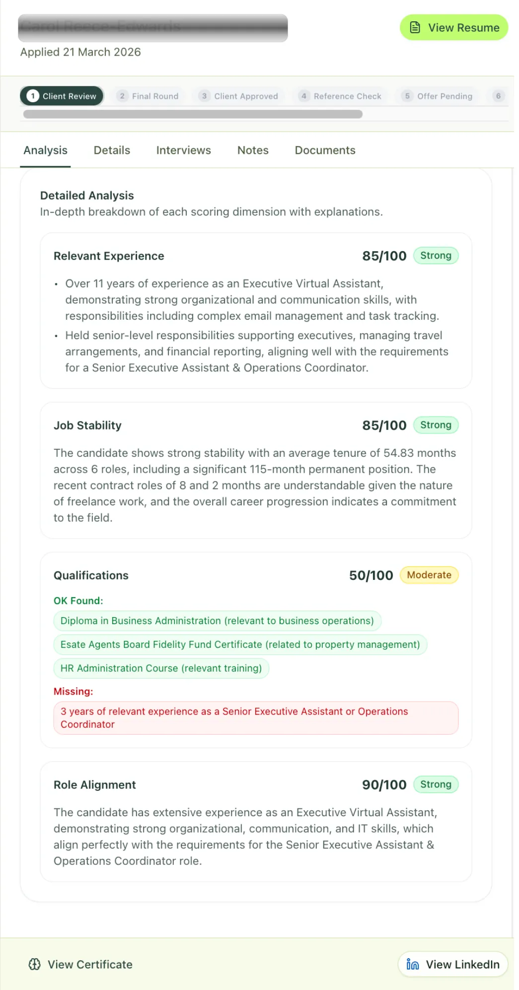 Detailed scoring breakdown across relevant experience, job stability, qualifications and role alignment, with found and missing qualifications listed
