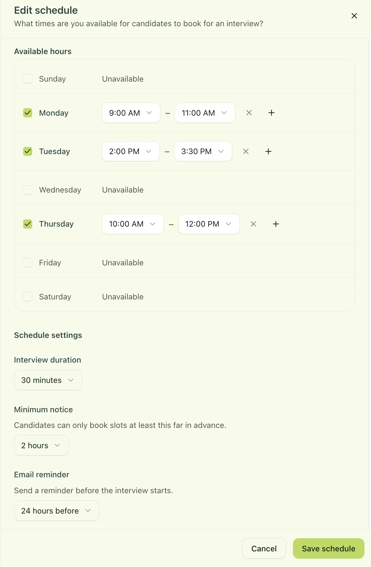 Clients set their availability for final interviews and candidates self-book, with meeting invites shared automatically.