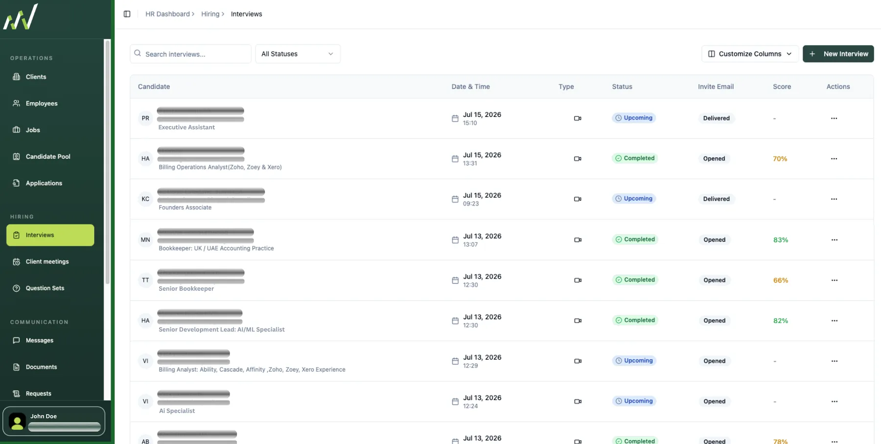 Interviews list showing candidates per role with dates, upcoming and completed statuses, invite email tracking and scores