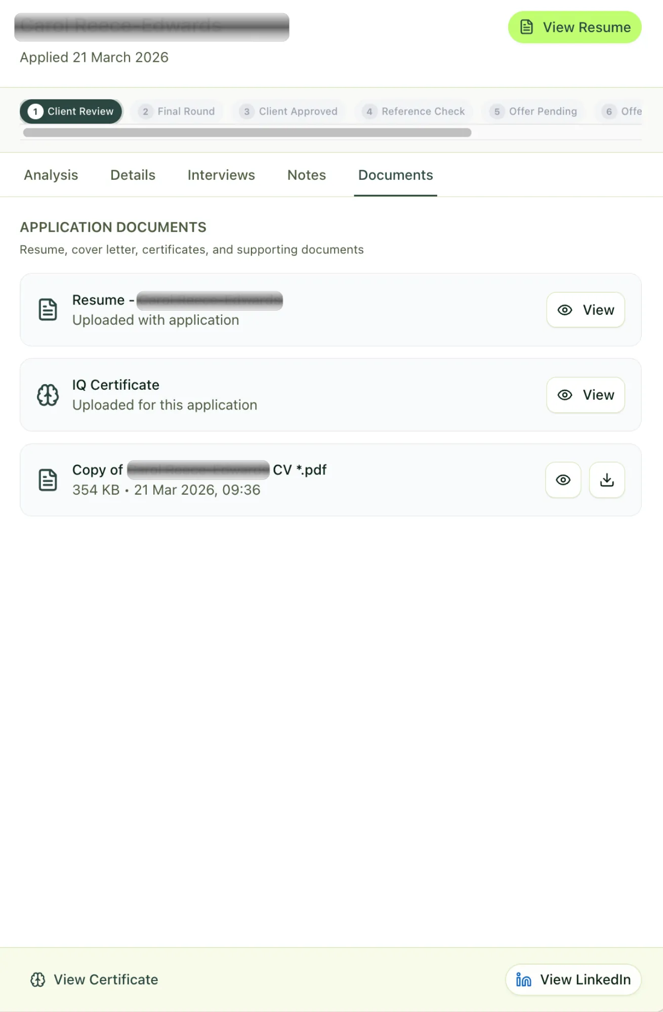 Application documents tab listing the candidate's CV, IQ certificate and uploaded files with view and download options