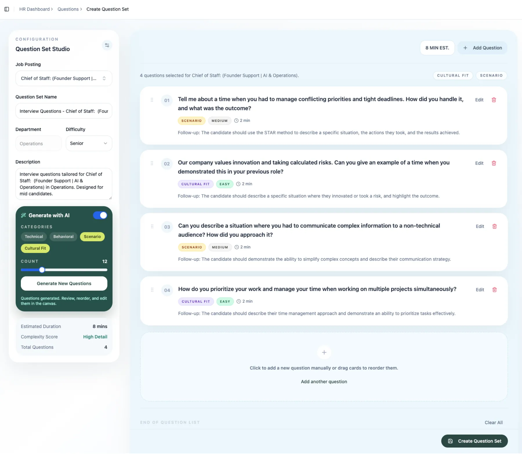 Question Set Studio generating interview questions with Ai across scenario and cultural-fit categories, with difficulty, timings and follow-up guidance