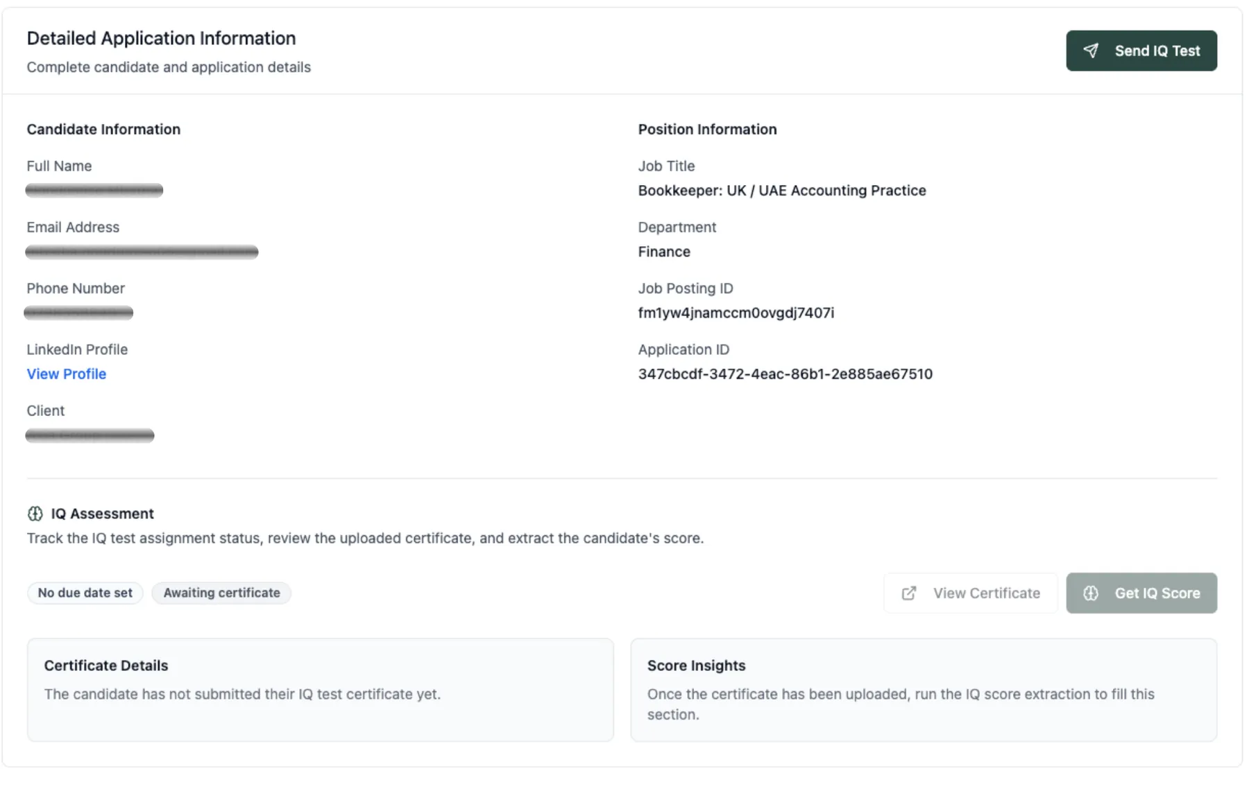 Detailed application information with candidate contact details, position information and IQ assessment tracking with send-test and score-extraction controls
